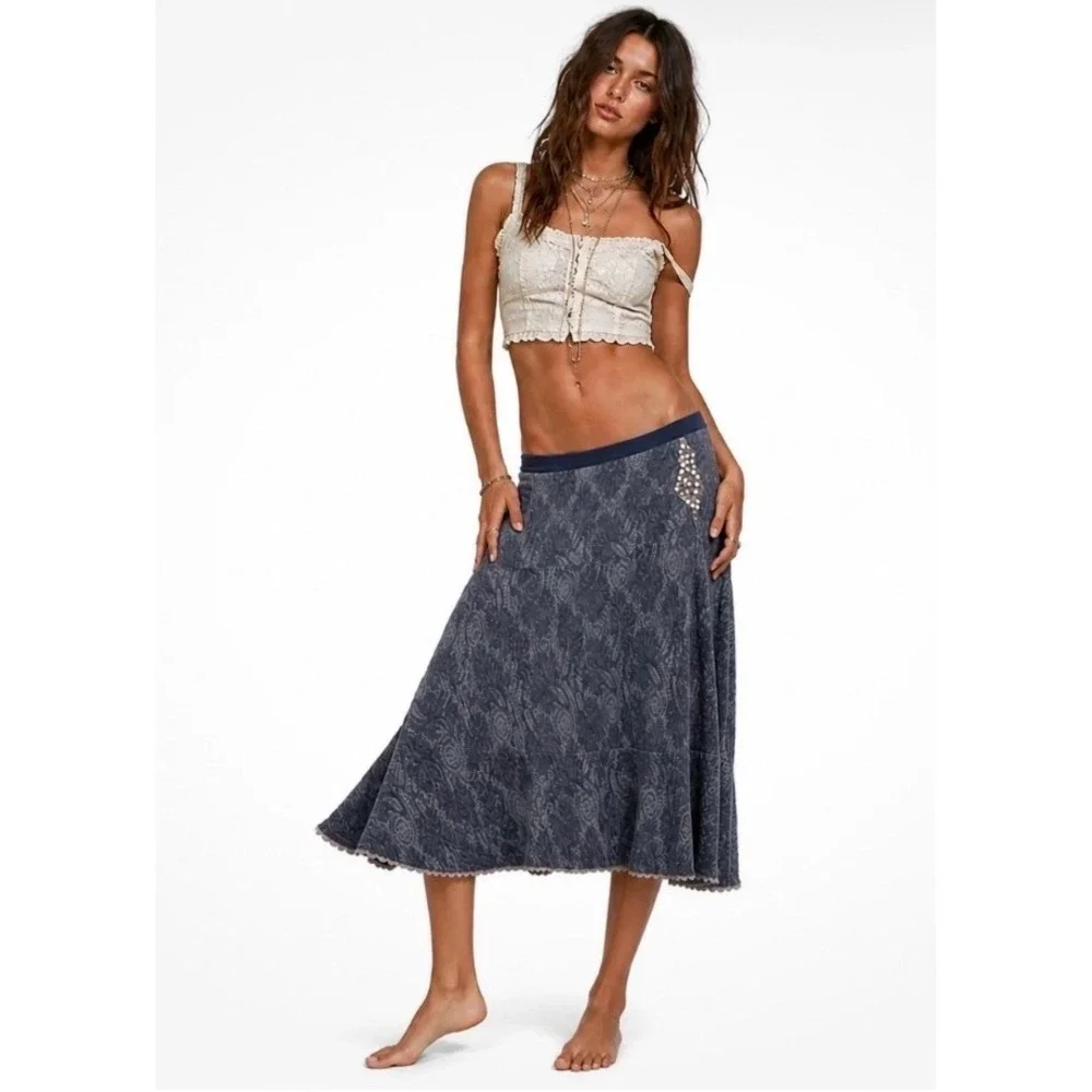Free People Blue Paisley Lace Midi Skirt Shimmer Tiered Boho Medium